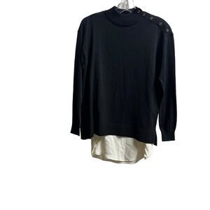 Ann Taylor Womens Sweater With Chiffon Hem Size Small Petite Black Button Neck